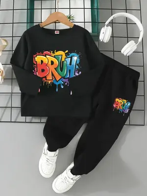 Boys' Spring & Fall Casual Tie-Dye Letter Print Long Sleeve T-Shirt Set, Comfortable Fitted Jogger Pants, Back-To-School Gift