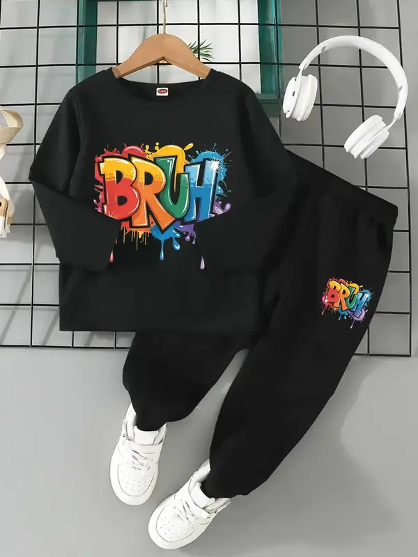 Boys' Spring & Fall Casual Tie-Dye Letter Print Long Sleeve T-Shirt Set, Comfortable Fitted Jogger Pants, Back-To-School Gift