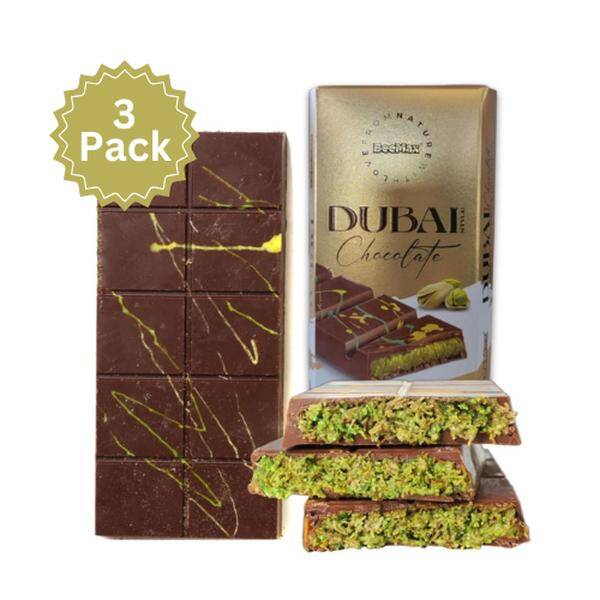 Dubai-Style Chocolate Bar 3 pack  7 oz of Authentic Luxurious Middle Eastern Indulgence  Premium Milk Chocolate, Golden