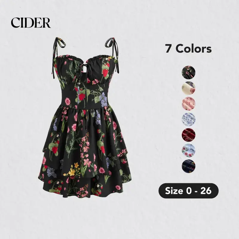 Cider [7 colors, size 0-26] Woven Floral & Fruit Ruffle Hem Knotted Layered Mini Dress