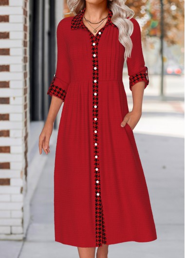 Modlily Wine Red Button Plaid Long Sleeve Shirt Collar Dress - XL