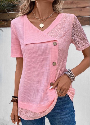 Modlily Pink Patchwork Short Sleeve V Neck T Shirt - L