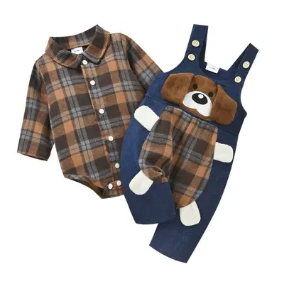 KARESOULL Infant Baby Boys Suit, Spring Autumn Long Sleeve Plaid Romper+Cartoon Dog Pattern Long Suspender Pants