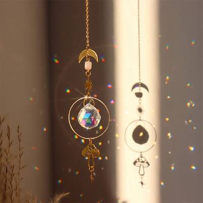 Natural Rose Quartz Brass Moon & Star Hanging Ornaments