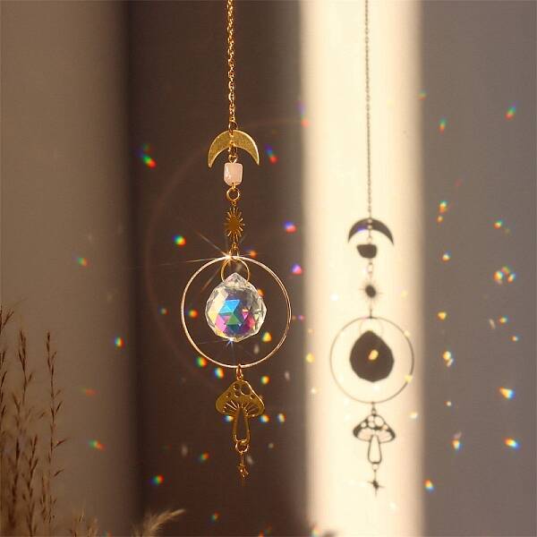 Natural Rose Quartz Brass Moon & Star Hanging Ornaments