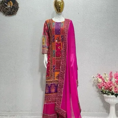 NEW DESIGNER HEAVY FUAX GEORGETTE DIGITAL PRINT HAND WORK PAKISTANI SUIT in Vibrant Pink with Colorful Patchwork Design