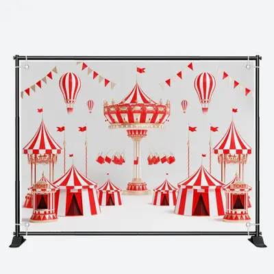 Hot Air Balloons Red White Circus Birthday Backdrop - Aperturee