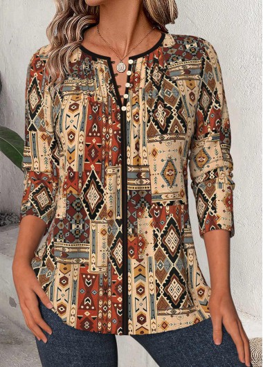 Modlily Dark Camel Tribal Print 3/4 Sleeve Split Neck Blouse - XL