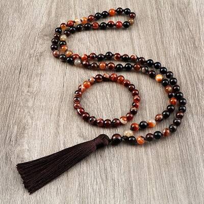 Natural Agate Round Beaded Pendant Necklaces & Bracelets Sets