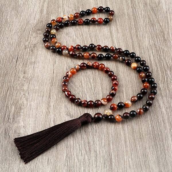Natural Agate Round Beaded Pendant Necklaces & Bracelets Sets