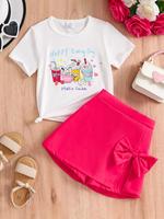 Girl's Letter Print Short Sleeve Tee & Bow Decor Pantskirt Two-piece Set, Casual Round Neck T-shirt & Elastic Waist Bottoms f...