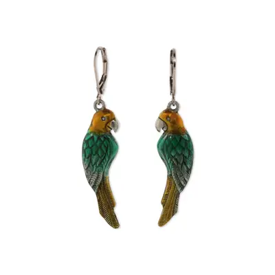 Silver Tone Green/Yellow Hand Enamel Parrot Earrings