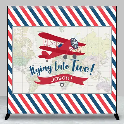 Custom Airplane Stripe Map 2nd Birthday Backdrop - Aperturee