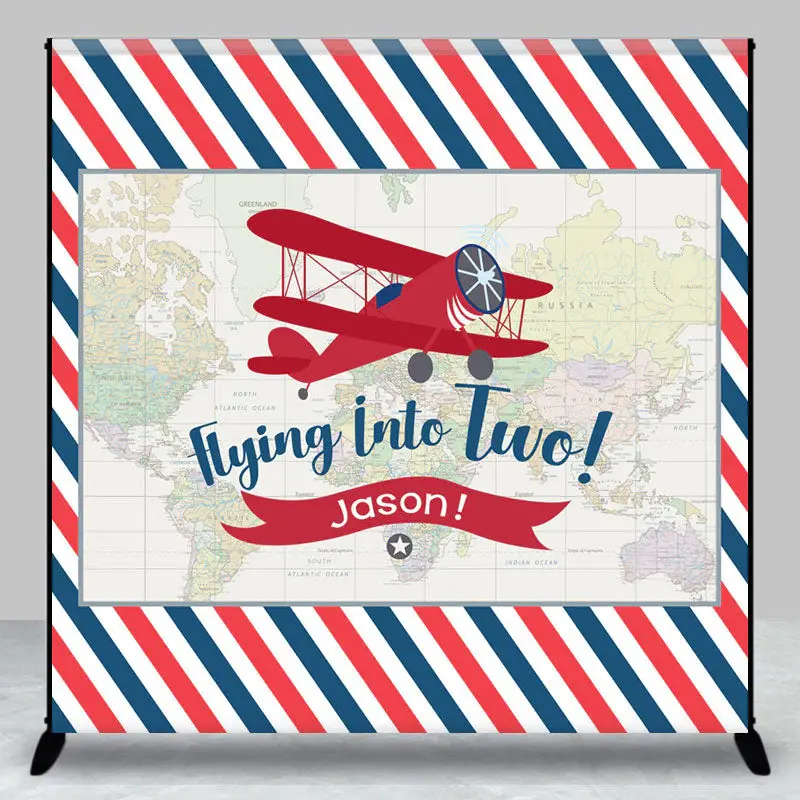 Custom Airplane Stripe Map 2nd Birthday Backdrop - Aperturee