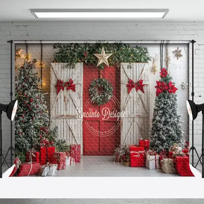 Aperturee Festive White Red Wood Door Christmas Vibe Backdrop | Christmas Photo Backdrop | Christmas Backgrounds Fireplace | ...