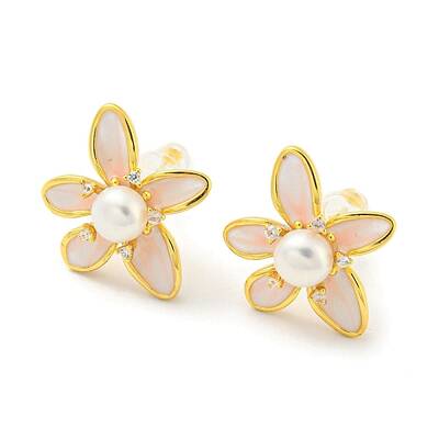 Cubic Zirconia Flower Stud Earrings with Natural Pearl