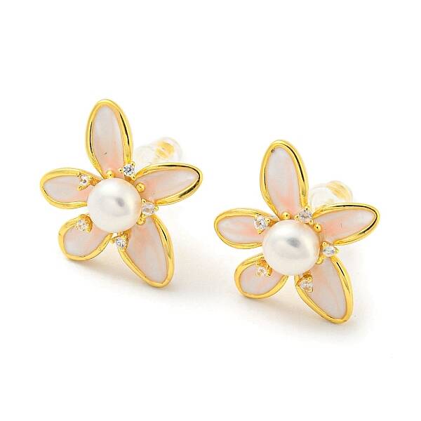 Cubic Zirconia Flower Stud Earrings with Natural Pearl
