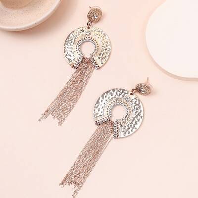 Flat Round with Chain Charm Brass Rhinestone Tassel Stud Earrings