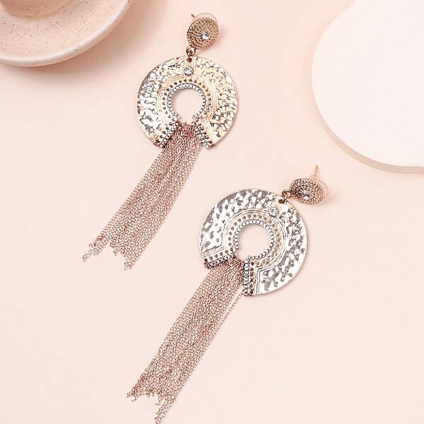 Flat Round with Chain Charm Brass Rhinestone Tassel Stud Earrings