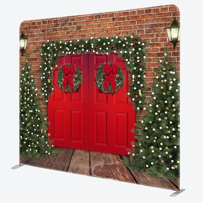 Aperturee Brown Bricks Door Christmas Tension Fabric Backdrop - Aperturee