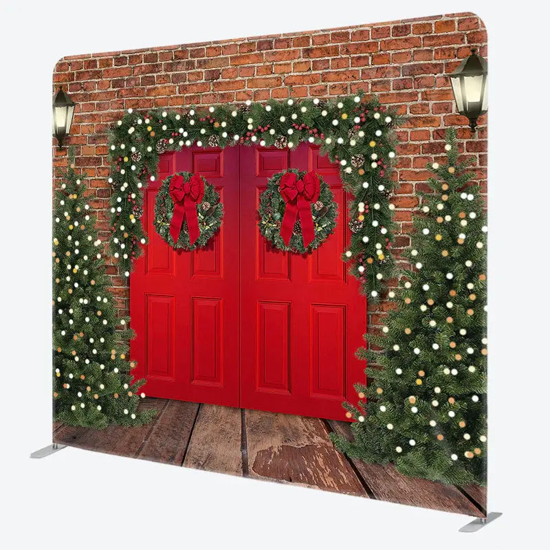 Aperturee Brown Bricks Door Christmas Tension Fabric Backdrop - Aperturee