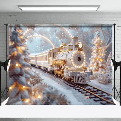 Fantasy Train White Pine Tree Xmas Photo Backdrop - Aperturee