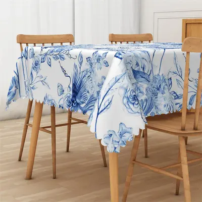 Ink Blue Color Floral Bird Art Rectangle Tablecloth - Aperturee
