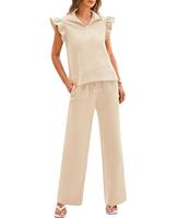 BTFBM 2-Piece Set For Women Summer Airport Outfits Ruffle Cap Sleeve Quarter Zip Top Wide Leg Pants Lounge Set #Outdoorfun