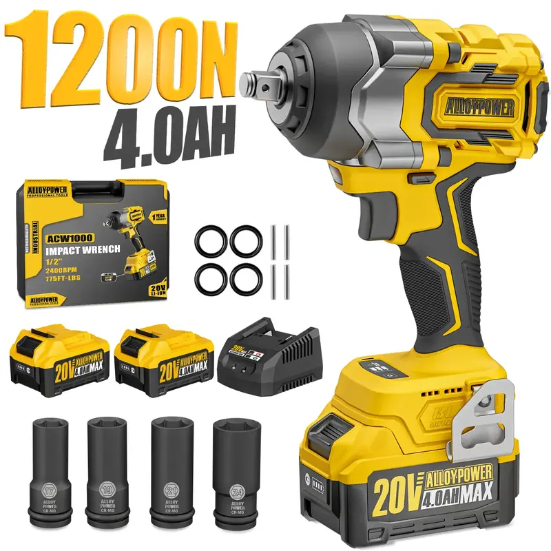 Alloyman Cordless Impact Wrench, 900Ft-lbs -1200N.m 1/2 High Torque Brushless Impact Gun, 20V Power Impact Driver, 2 × 4.0Ah...