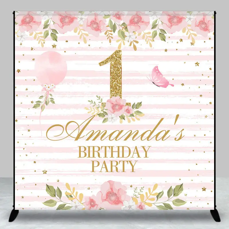 Pink Stripe Flowers Custom 1st Birthday Backdrop