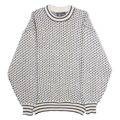 KG Mens Patterned Jumper White Striped Crew Neck 90s Tight Knit Wool L