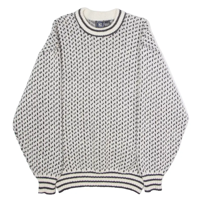 KG Mens Patterned Jumper White Striped Crew Neck 90s Tight Knit Wool L