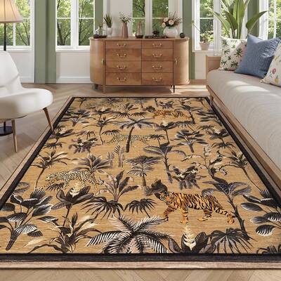 Garvee Brown Tiger 9x12 Area Washable Tiger Rug Tropical Jungle Plant Design Non-Slip Low Pile Stain Resistant Non-Shedding C...