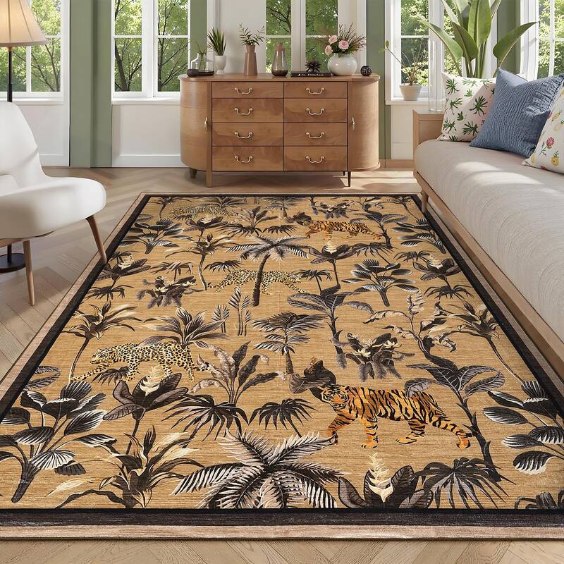 Garvee Brown Tiger 9x12 Area Washable Tiger Rug Tropical Jungle Plant Design Non-Slip Low Pile Stain Resistant Non-Shedding C...