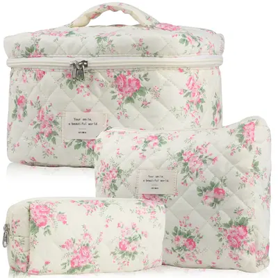 Cute Makeup Bag for Women(3 Pcs), Travel Cosmetic Bags, Quilted Coquette Aesthetic Floral Toiletry Organizer Bag Brush Pouch