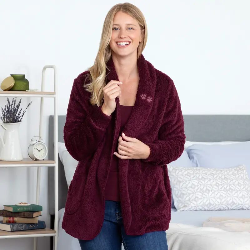 Paw Print Plush Sherpa Fleece Open Jacket with Pockets - L/XL