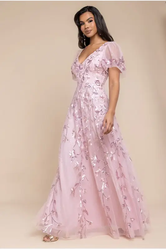 Goddiva Flared Sleeve Embroidered Maxi Dress - Blush Pink