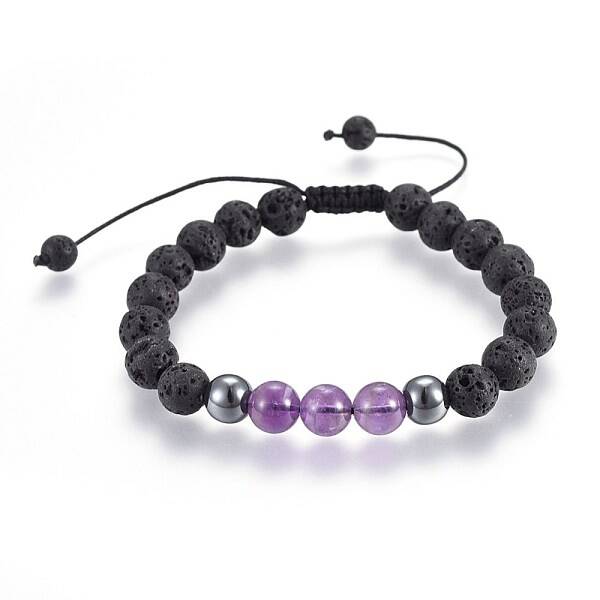 Natural Lava Rock and Non-Magnetic Synthetic Hematite Beads Braided Bead Bracelets