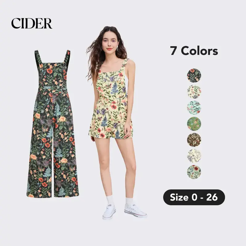 Cider Women's Lightweight Corduroy Floral Wide Leg Romper & Jumpsuits with Adjustable Button & Pockets, Casual Solid Sleevele...