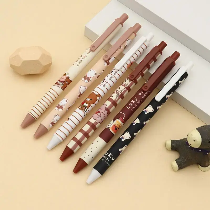 6pcs Press Gel Pen, Cartoon Bear Pattern 0.5mm Gel Pen, Writing Pen For Office & School