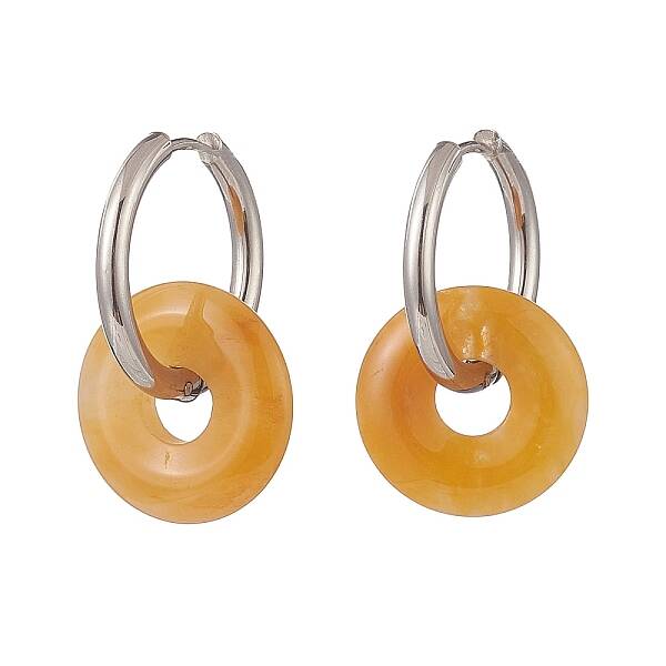 Natural Tiger Eye Pi Disc/Donut Dangle Hoop Earrings