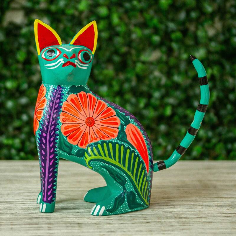 NOVICA Floral Feline Handcrafted Copal Wood Alebrije Cat Figurine from Mexico