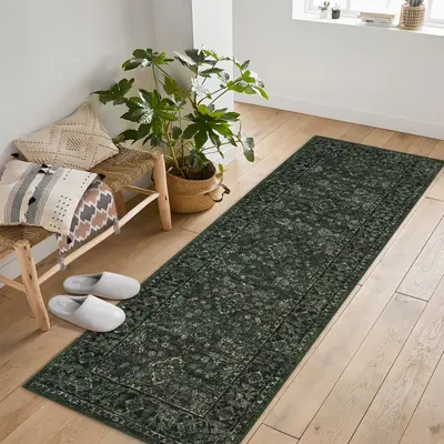 Garvee Vintage Boho Runner Rugs Dark Green 2'x6' Washable Long Rugs Non-Slip Backing Soft Pastel Carpets for Living Room Bedr...