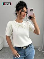 Women's Bow Pattern Crew Neck Sweater, Casual Fitted Faux Pearl Decor Short Sleeve Jumper for Summer, Fashion Women's Knitwea...