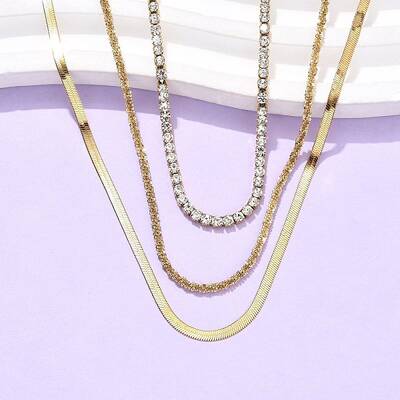 304 Stainless Steel Crystal Rhinestone 3 Layered Necklaces for Women