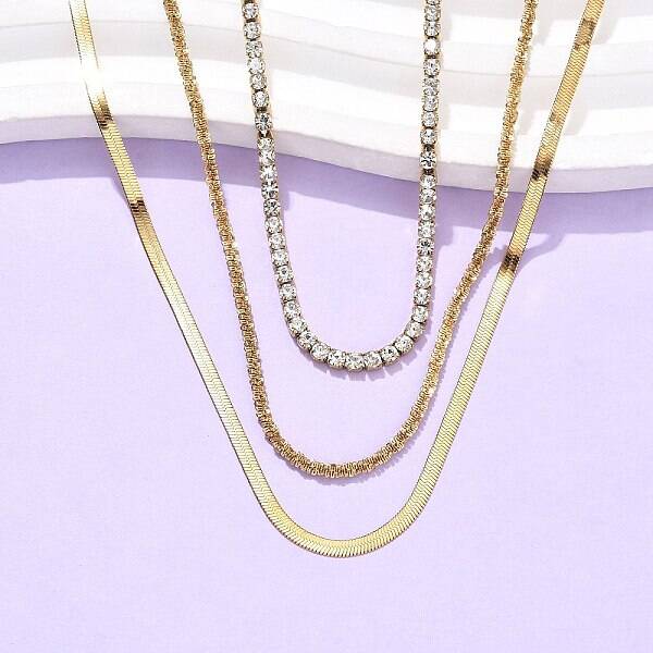 304 Stainless Steel Crystal Rhinestone 3 Layered Necklaces for Women