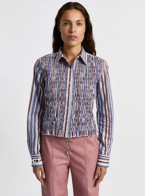 LIAM BLUE STRIPED RUCHED SHIRT | Size: M