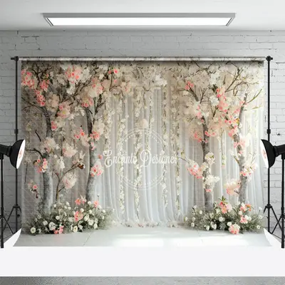 White Pink Floral Trees Curtain Spring Photo Backdrop - Aperturee