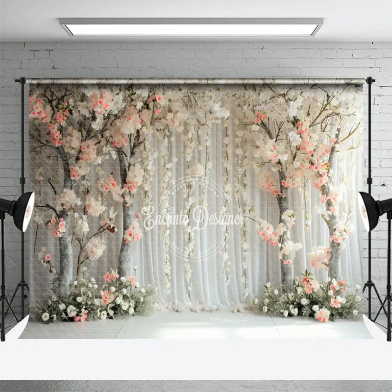 White Pink Floral Trees Curtain Spring Photo Backdrop - Aperturee