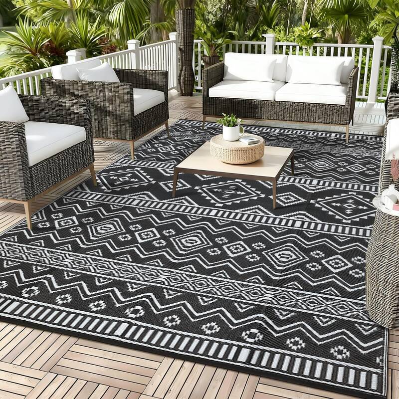 Garvee Black & White Geometric Outdoor Rug - Waterproof, UV Resistant Patio Mat, Easy Clean, Lightweight, Durable, Non-Sheddi...